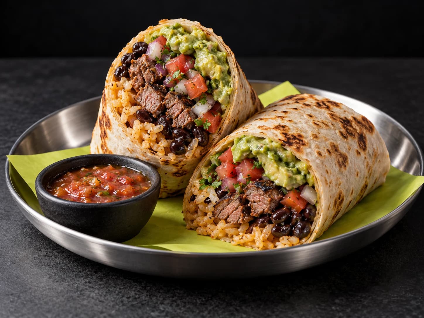 Referencia de burritos mexicanos sobre acero y fondo negro con un acento verde lima