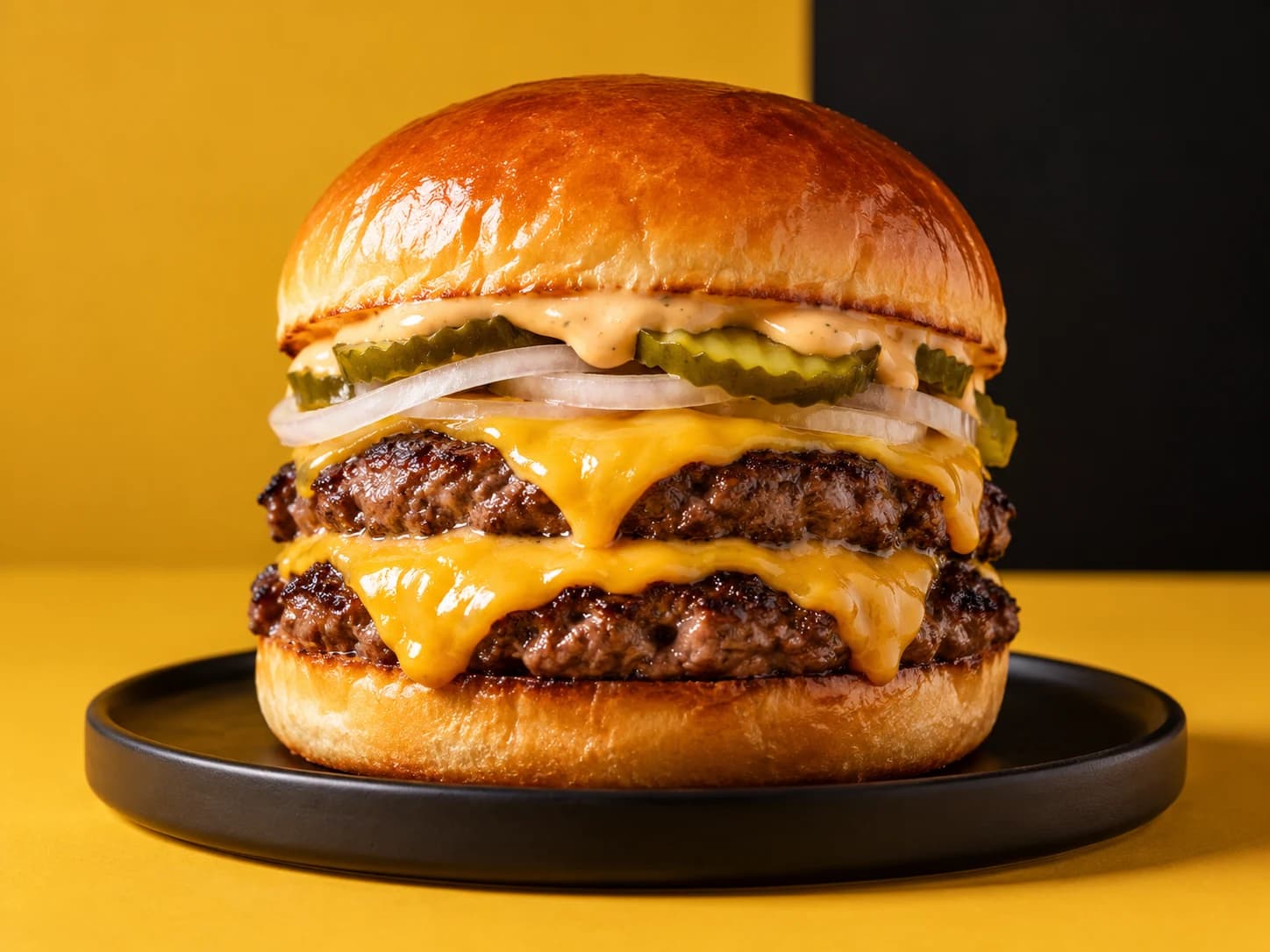Referencia de hamburguesa doble sobre un plato negro y fondo mostaza con negro