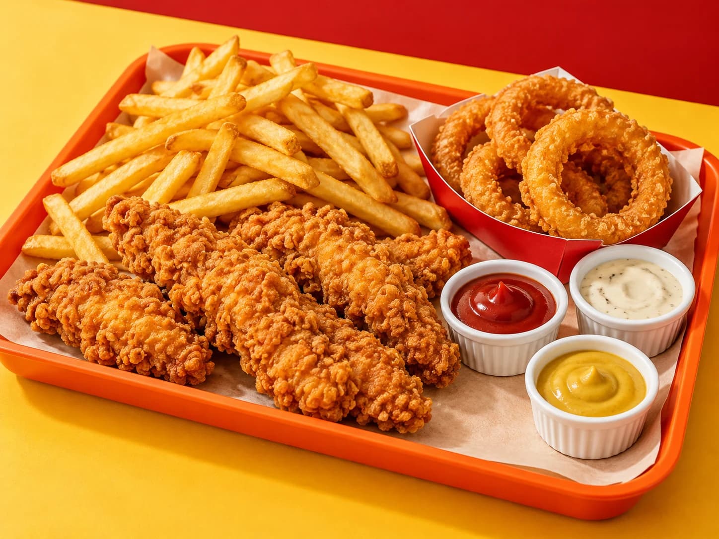 Referencia de papas fritas, pollo crujiente, aros de cebolla y aderezos sobre una bandeja naranja