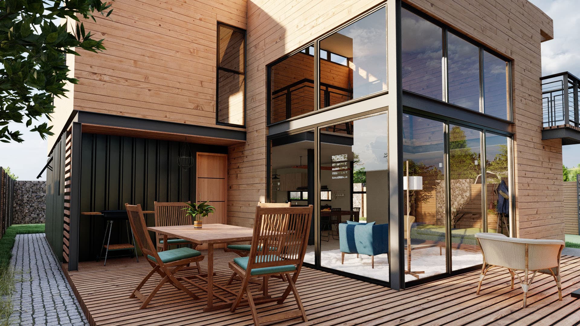 Proyecto arquitectónico con revestimiento de madera y ventanales
